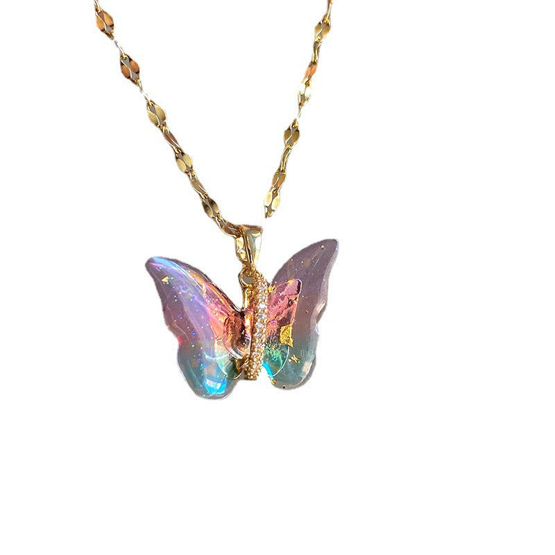 Gold Fantasy Butterfly Necklace for Women – Sweet Color Resin Diamond Clavicle Chain, Elegant Fashion Accessories