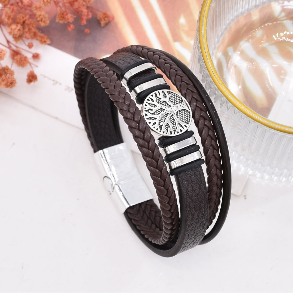 Men’s Woven PU Leather Bracelet – Multi-Layer Hand-Woven Brown Rope Bracelet with Zinc Alloy Tree Bangle – Punk Style for Men