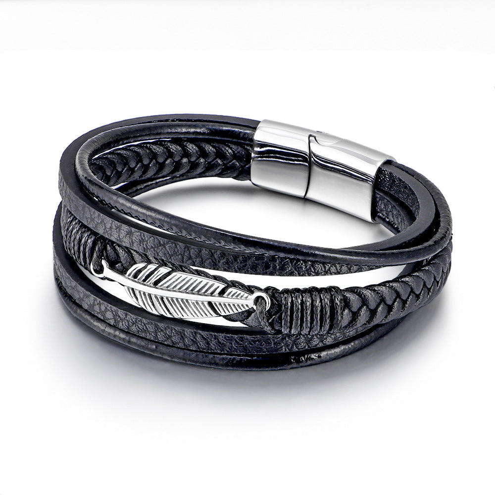 Men’s Classic Multilayer Black Braided Leather Bracelet – Handwoven Wristband with Metal Magnetic Closure