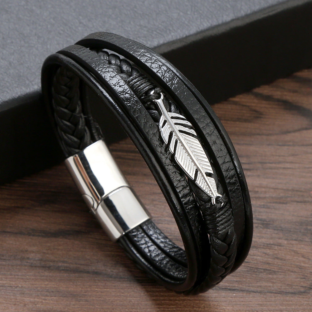 Men’s Classic Multilayer Black Braided Leather Bracelet – Handwoven Wristband with Metal Magnetic Closure