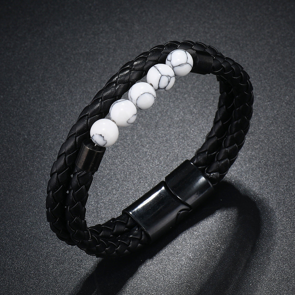 Men's Punk Style PU Leather Bracelet – Handmade 8mm Volcanic Stone Beads with Stainless Steel Magnetic Buckle