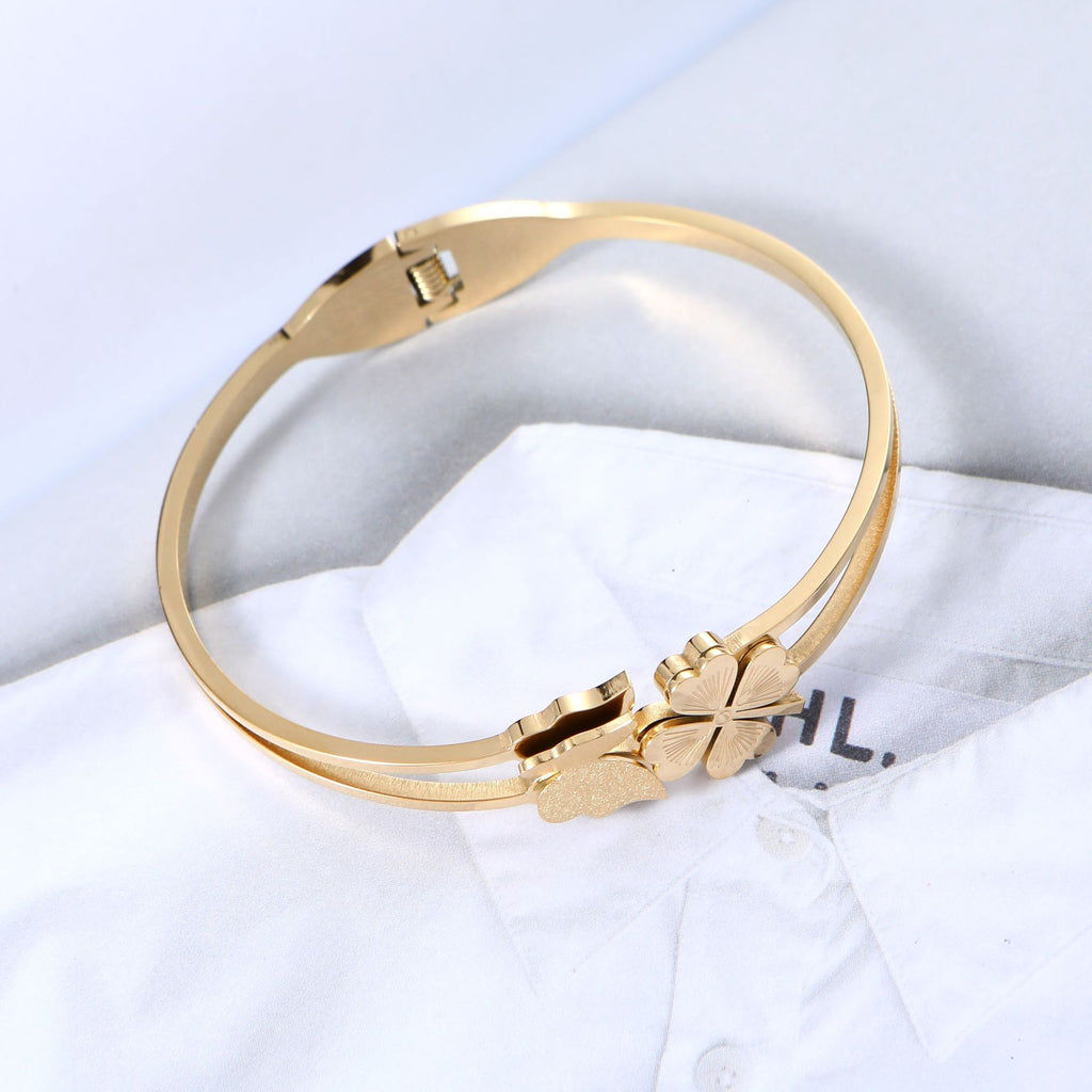 Butterfly Clover-leaves Gold Plated Stainless Steel Handcuff for Women