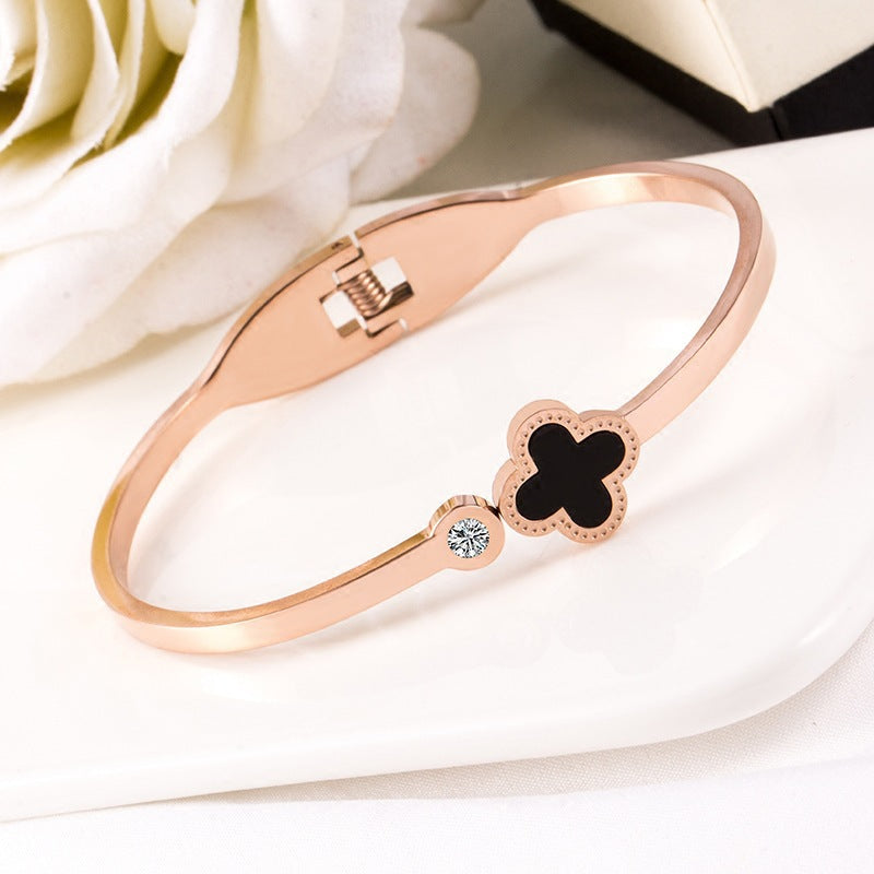 Four Leaf Lucky Clover Stainless steel Gold plated crystal cuff bangle bracelet for Women