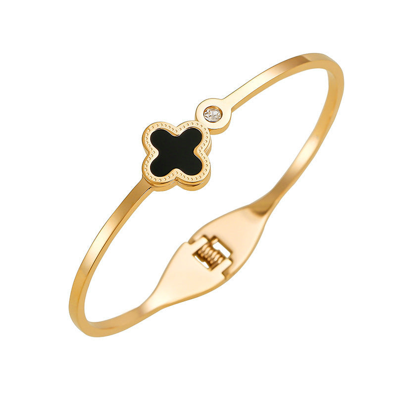 Four Leaf Lucky Clover Stainless steel Gold plated crystal cuff bangle bracelet for Women