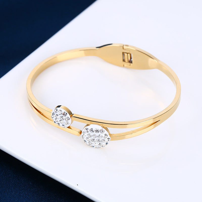 Titanium simple Gold Plated stainless steel diamond heart bracelet Bangle for women