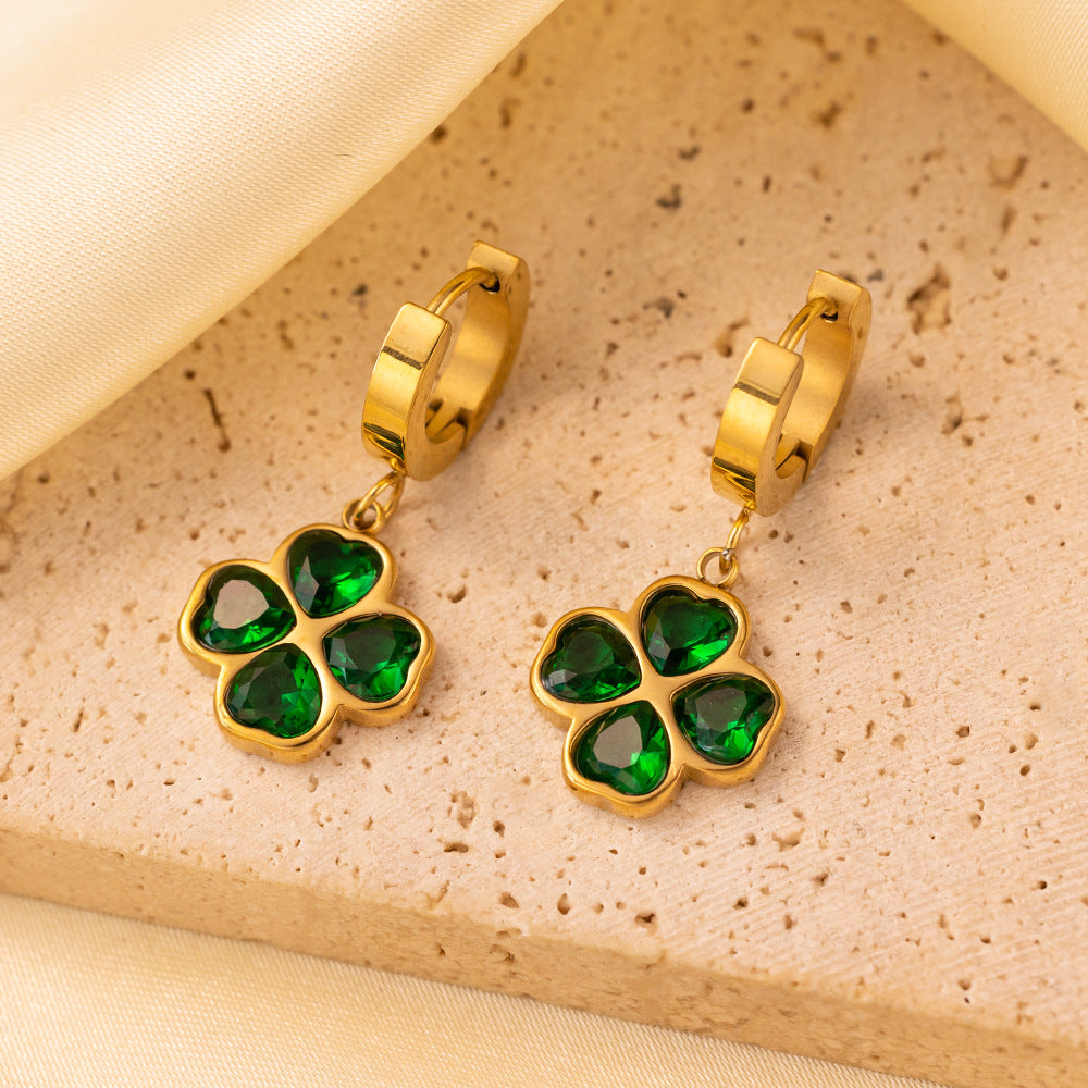 Unique Four-Leaf Green Clover Stainless Steel Charm Earrings For Women