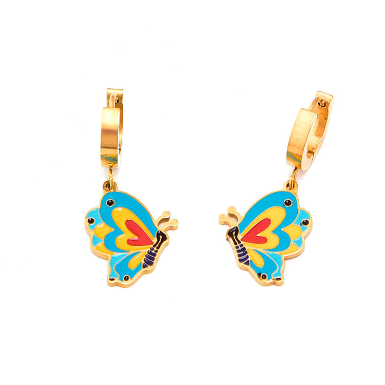 Fashion Retro Colourful Butterfly Gold Plated Stainless Steel Earrings