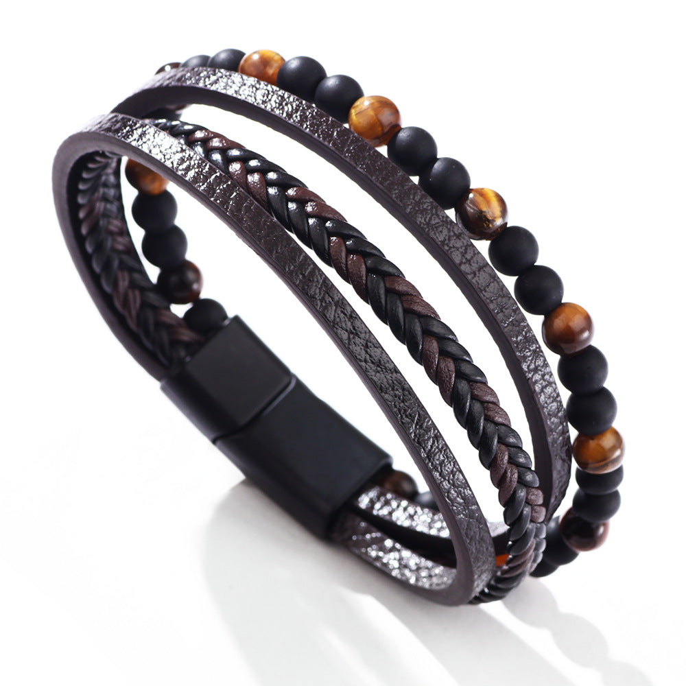 Men’s Tiger’s Eye Beaded Leather Bracelet – Four-Layer Braided Wristband with Magnetic Buckle – Stylish Male Jewelry