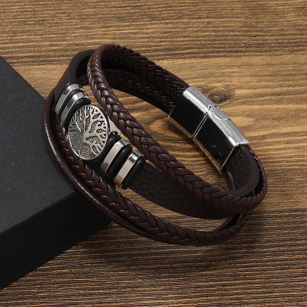 Men’s Woven PU Leather Bracelet – Multi-Layer Hand-Woven Brown Rope Bracelet with Zinc Alloy Tree Bangle – Punk Style for Men