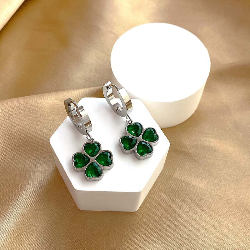 Unique Four-Leaf Green Clover Stainless Steel Charm Earrings For Women