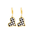 Pretty Black And White Enamel Chess board Heart 18K Gold Plated Charm Dangle Earrings