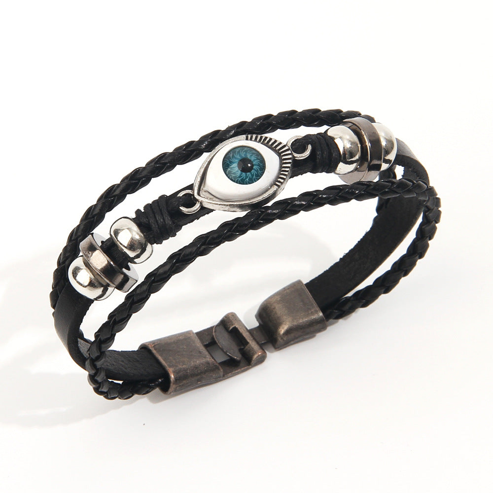 Men’s Multi-Layer Neo-Gothic Leather Bracelet – Evil Eye Charm Wristband – Stylish Personality Jewelry for Men