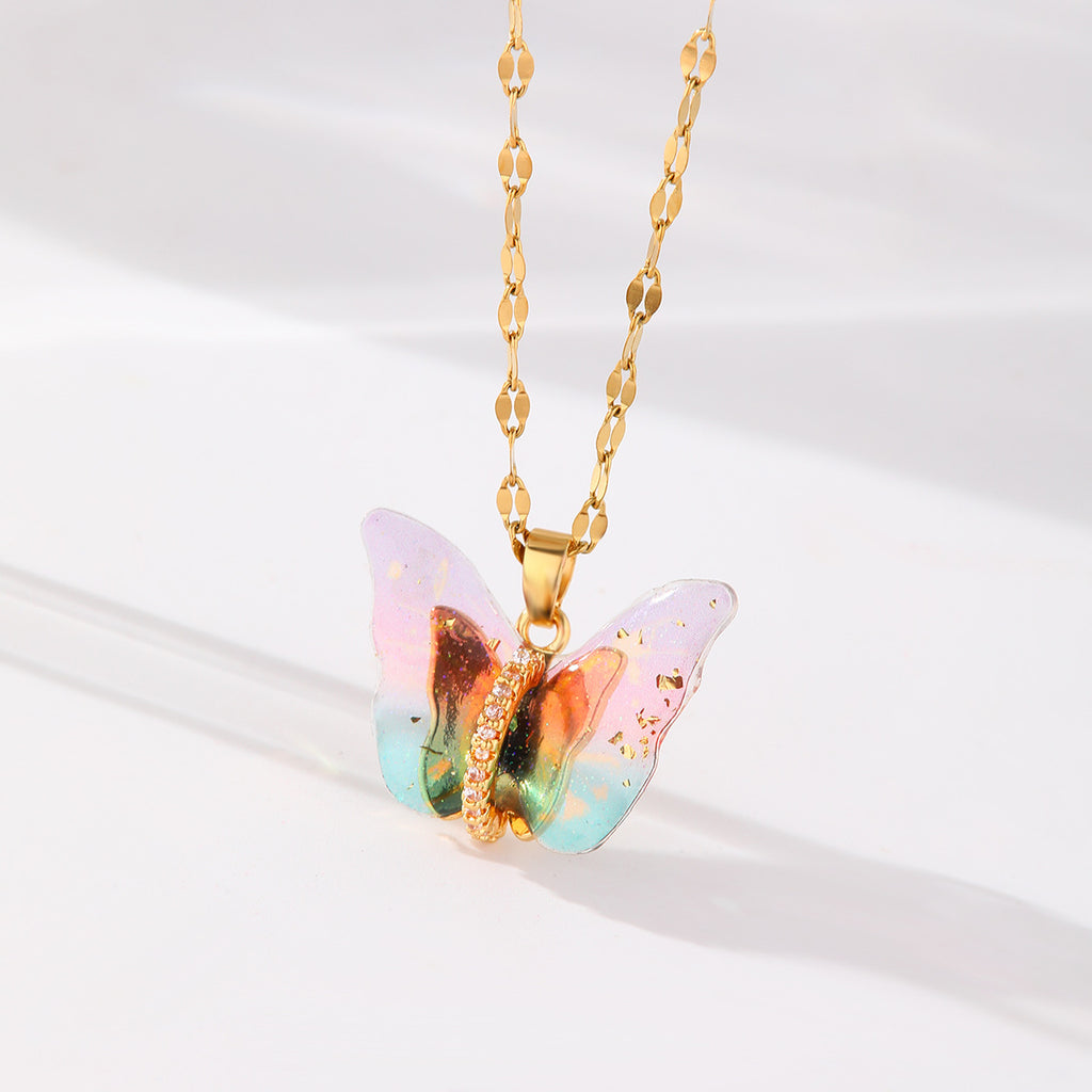 Gold Fantasy Butterfly Necklace for Women – Sweet Color Resin Diamond Clavicle Chain, Elegant Fashion Accessories