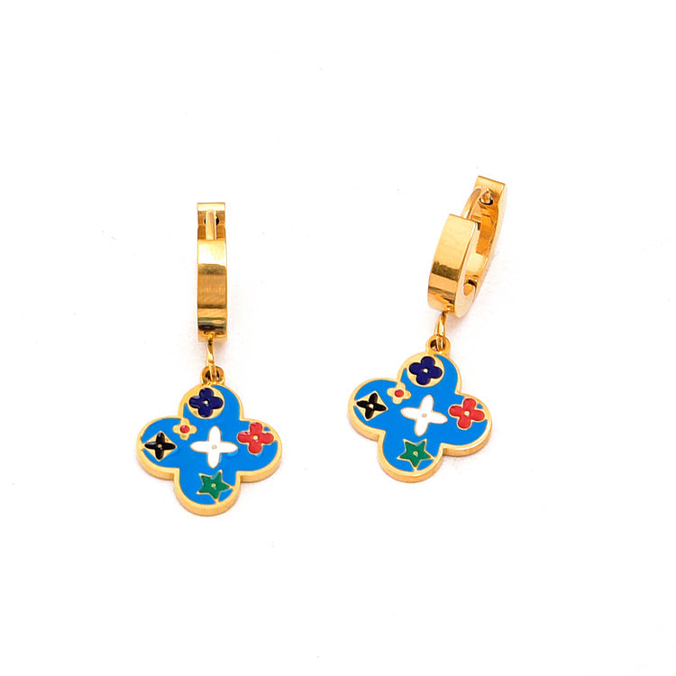 Stylish  Stainless Steel Blue Four Leaf Clover Earrings