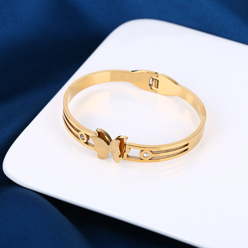 18k Gold Plated Stainless Steel Butterfly Bangle Bracelet for Women