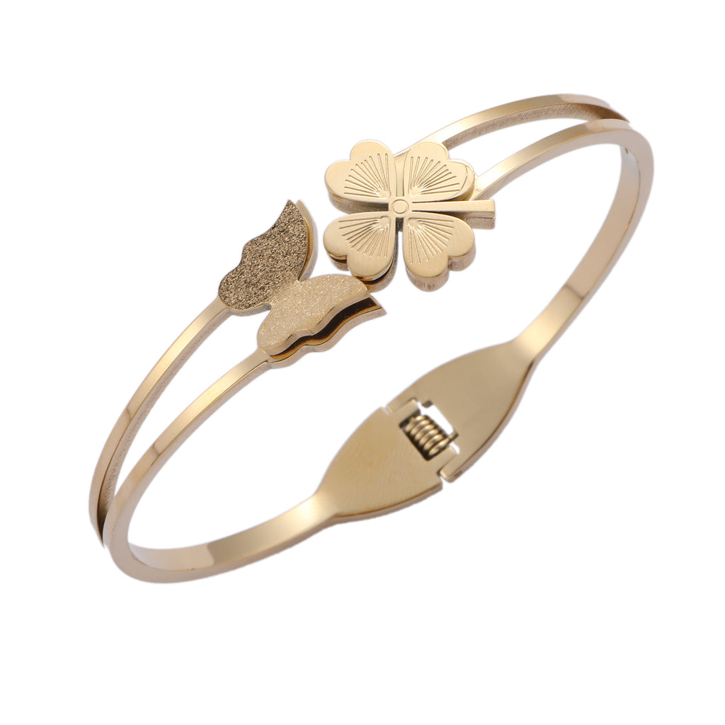 Butterfly Clover-leaves Gold Plated Stainless Steel Handcuff for Women