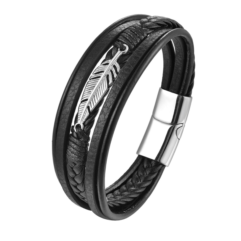 Men’s Classic Multilayer Black Braided Leather Bracelet – Handwoven Wristband with Metal Magnetic Closure