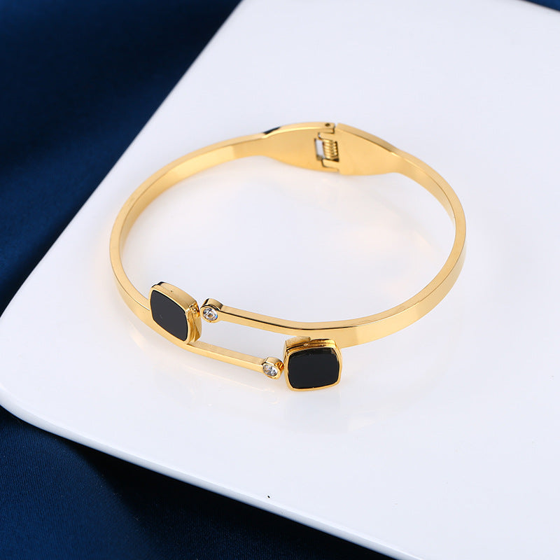 18K Gold Plated Stainless Steel Black Shell Double Cube Clasp Bangle Bracelet for Women