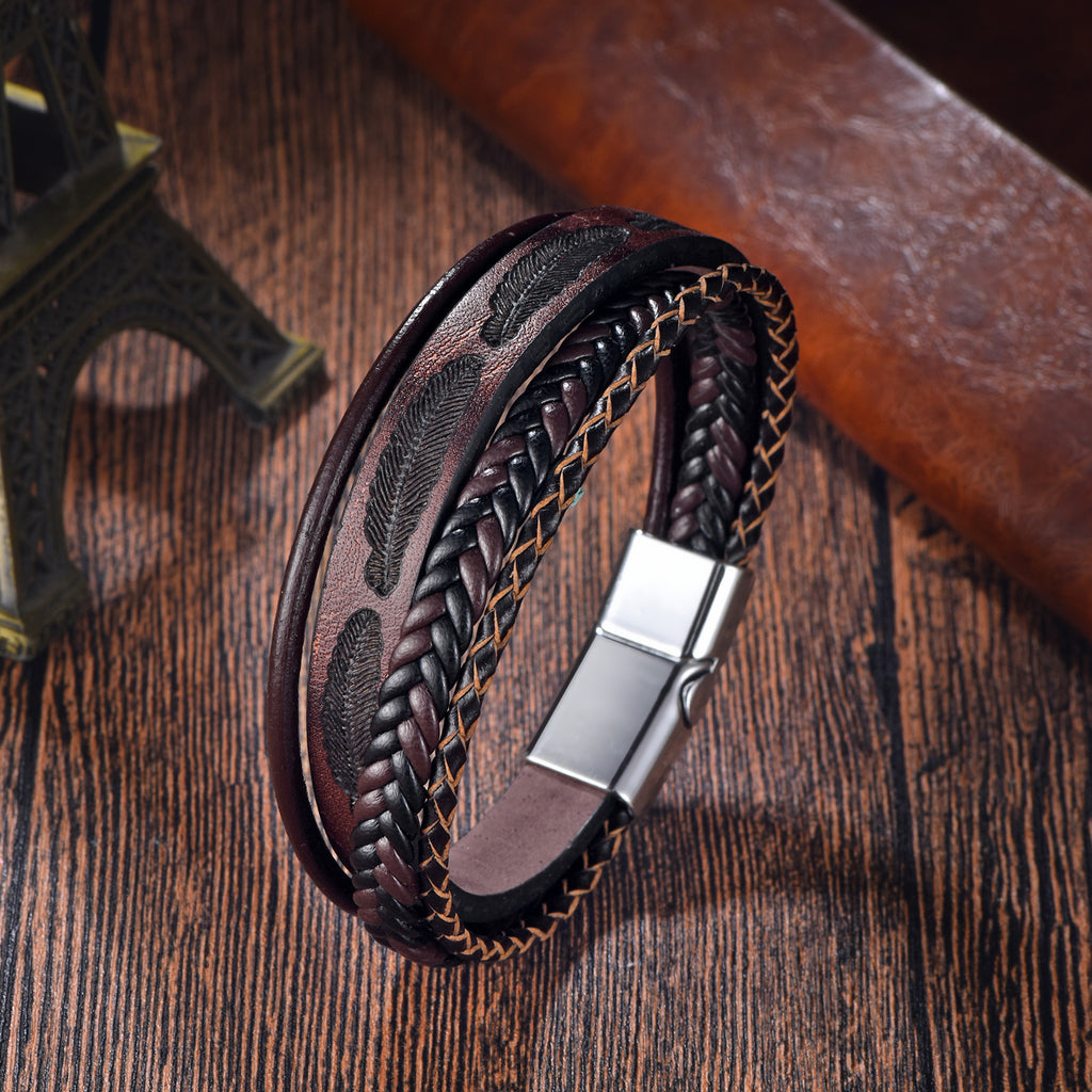 Classic Men’s Braided Leather Bracelet – Handwoven Multi-Layer Leather Wristband – Stylish Fashion Accessory for Men