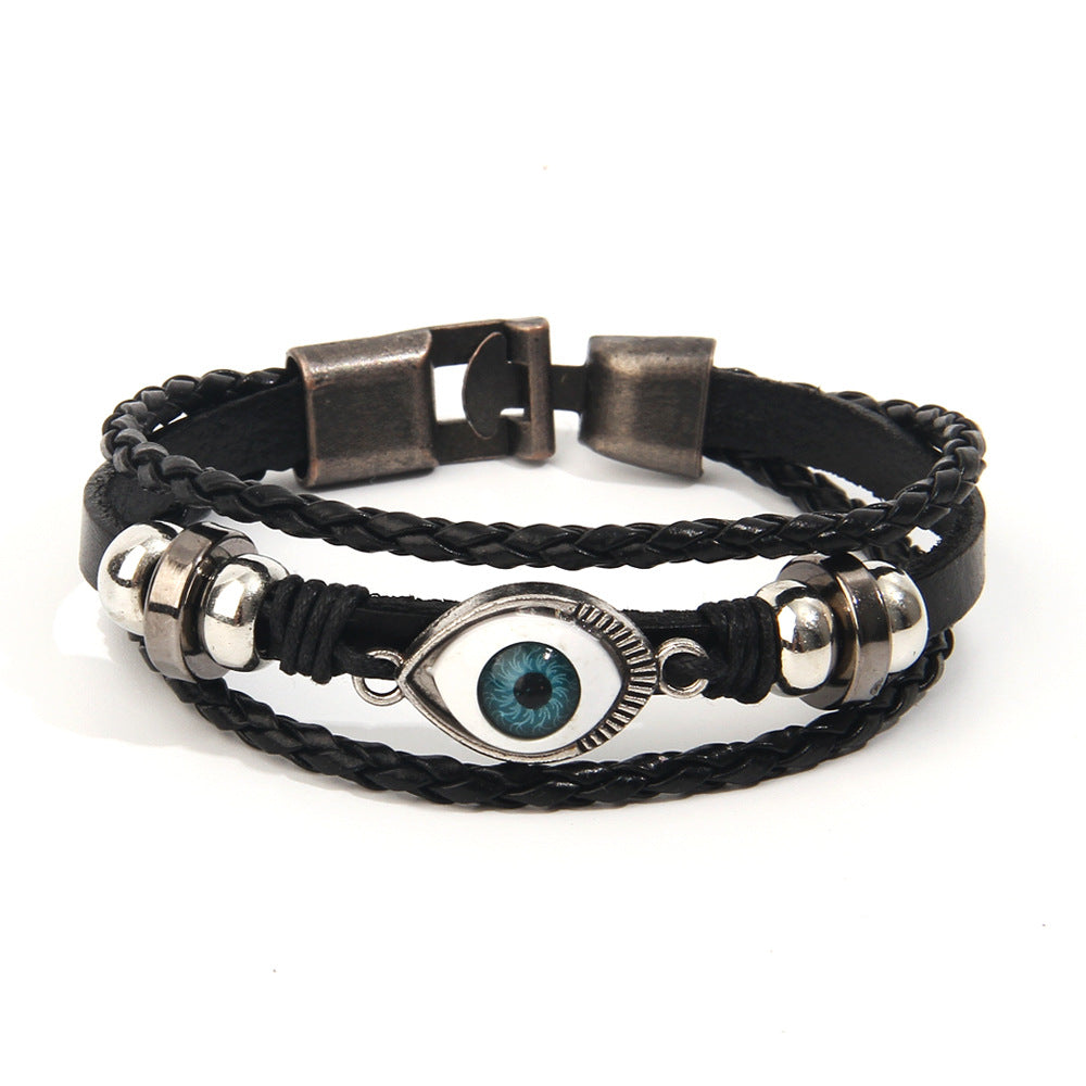 Men’s Multi-Layer Neo-Gothic Leather Bracelet – Evil Eye Charm Wristband – Stylish Personality Jewelry for Men