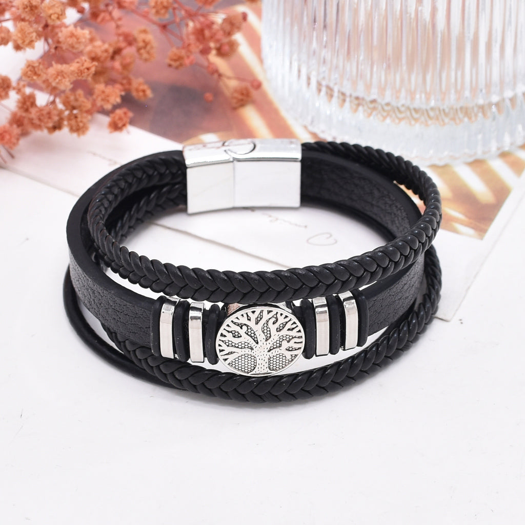 Men’s Woven PU Leather Bracelet – Hand-Woven Multi-Layer Black Rope & Brown Zinc Alloy Bangle – Punk Style Gift Bracelet for Men