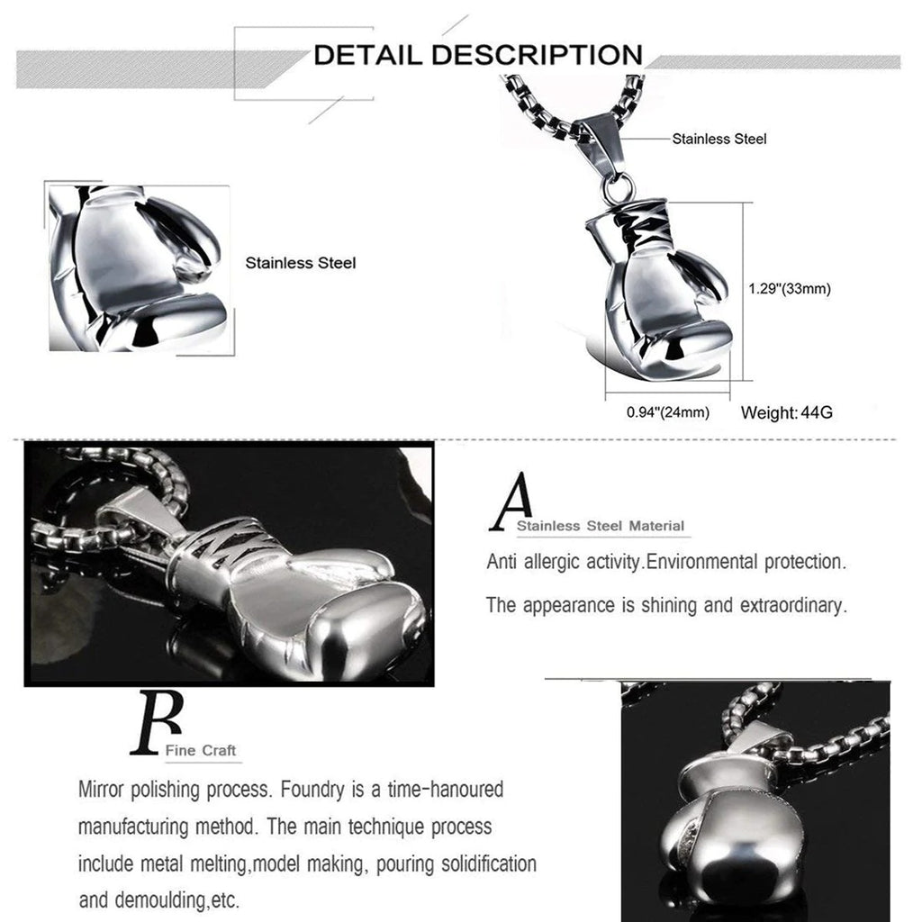 Gleaming Boxing Glove Silver Rhodium Stainless Steel Pendant Chain with a Touch of Sophistication