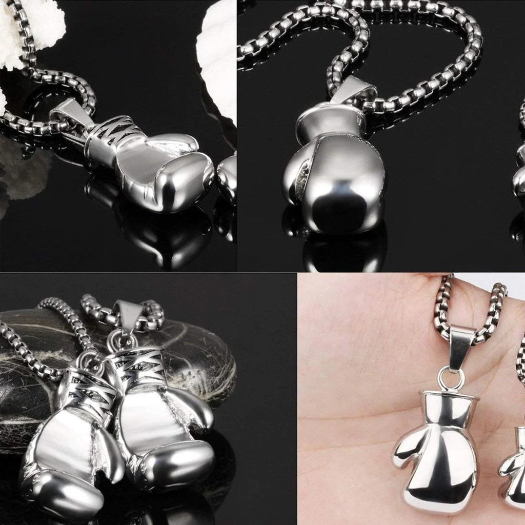 Gleaming Boxing Glove Silver Rhodium Stainless Steel Pendant Chain with a Touch of Sophistication