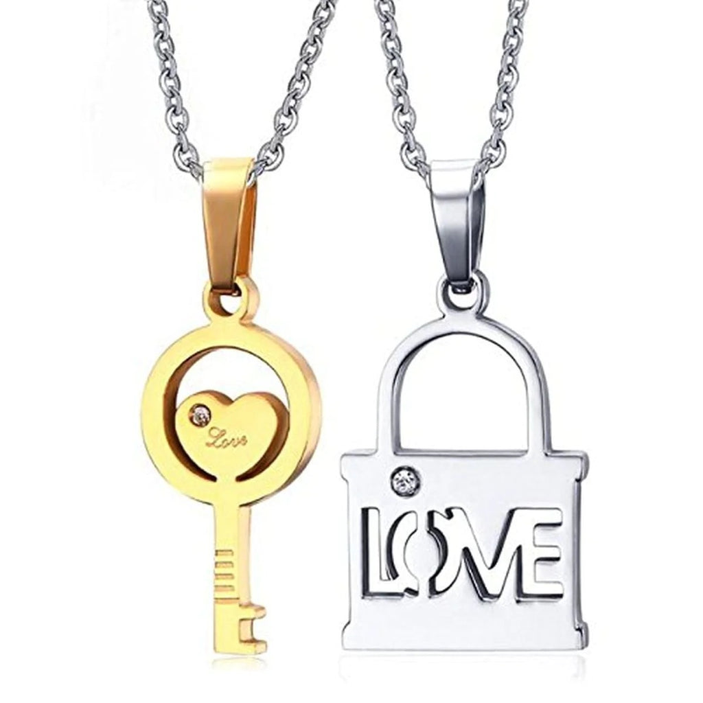 Couple Lovers 'I Love You' Lock and Key Stainless Steel Pendant Combo Chain