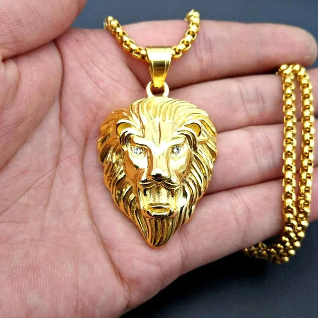 Dazzling Royalty Hip Hop Iced Out Lion King Kings Landing Gold Rhinestone Crystal Stainless Steel Pendant Chain For Men