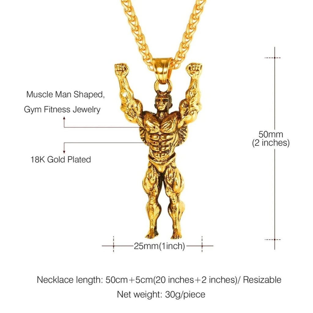 Sculpted Strength Gym Fitness Body Builder Wrestler Gold Stainless Steel Pendant Chain For Men