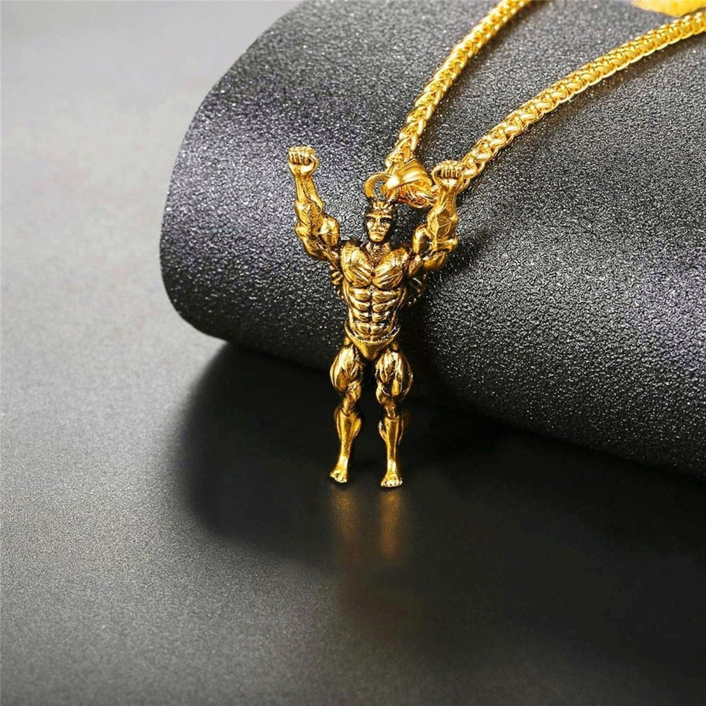 Sculpted Strength Gym Fitness Body Builder Wrestler Gold Stainless Steel Pendant Chain For Men