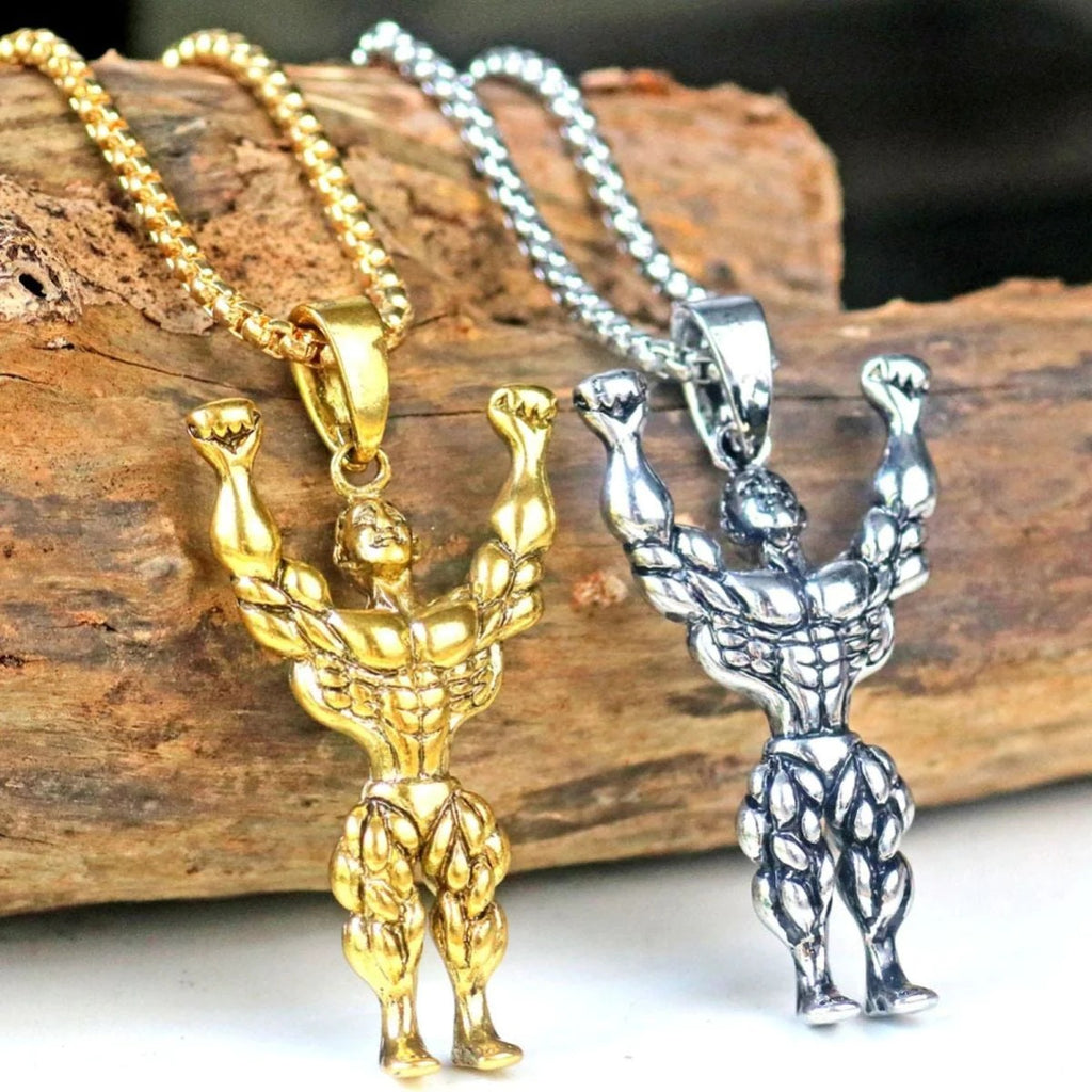 Sculpted Strength Gym Fitness Body Builder Wrestler Gold Stainless Steel Pendant Chain For Men