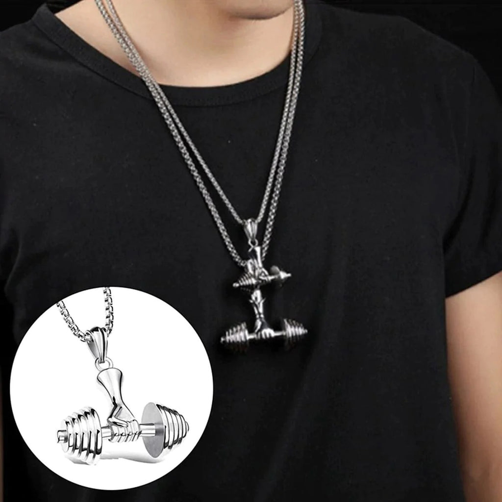 Fitness Silver Stainless Steel Dumbbell Barbell Weight Lifting Pendant Chain - a stylish and symbolic accessory that celebrates your dedication to strength and perseverance Chain for Men