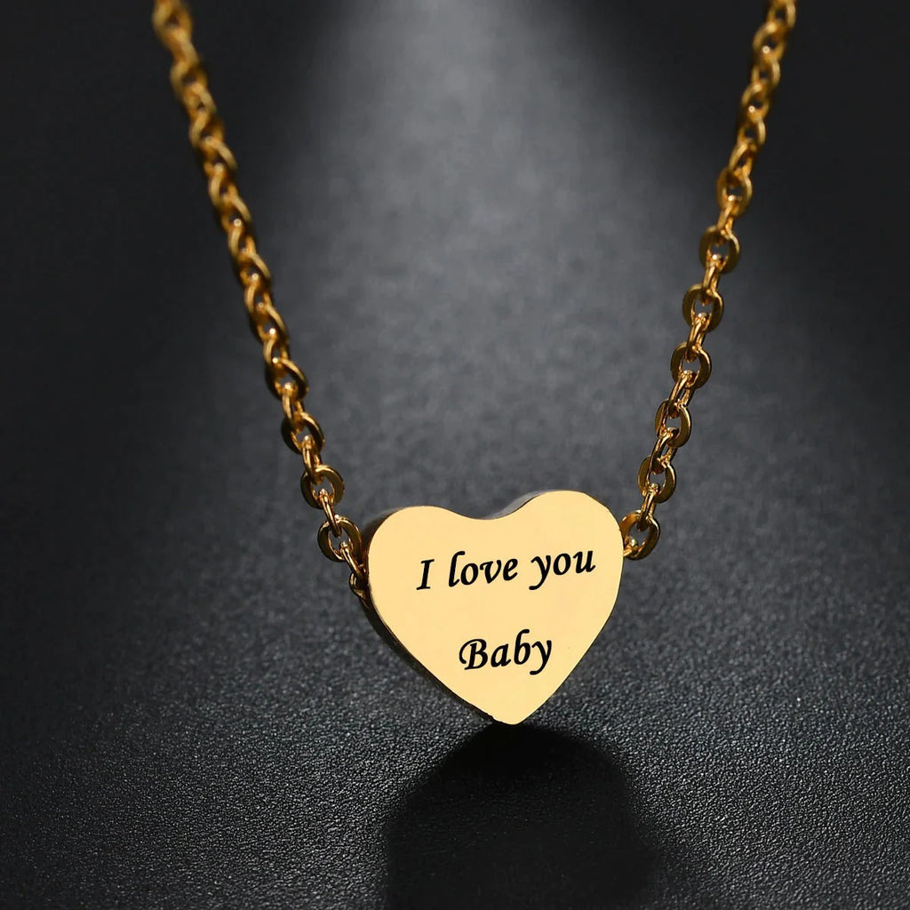 Elegant Love Glossy Heart Dainty 18K Gold Engraved Pendant Chain for Women