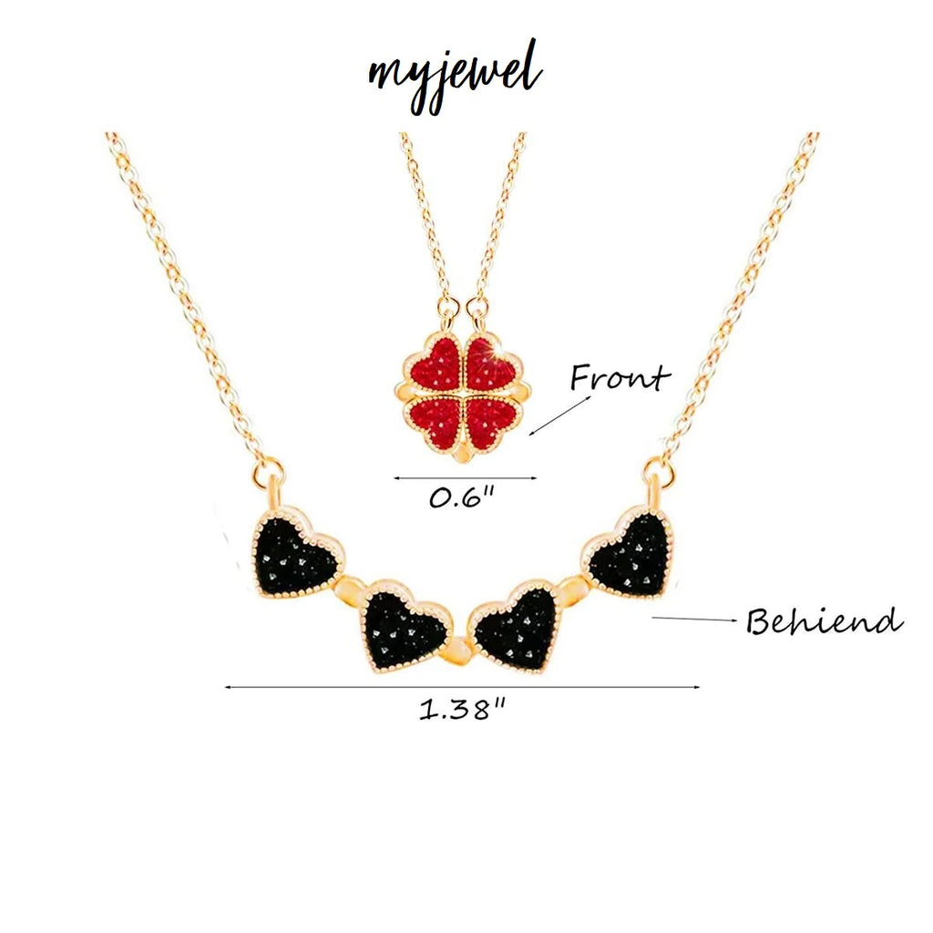 Exquisite Clover Pendant Chain Black and Red Stainless Steel Necklace with Cubic Zirconia Magnet Closure for Women