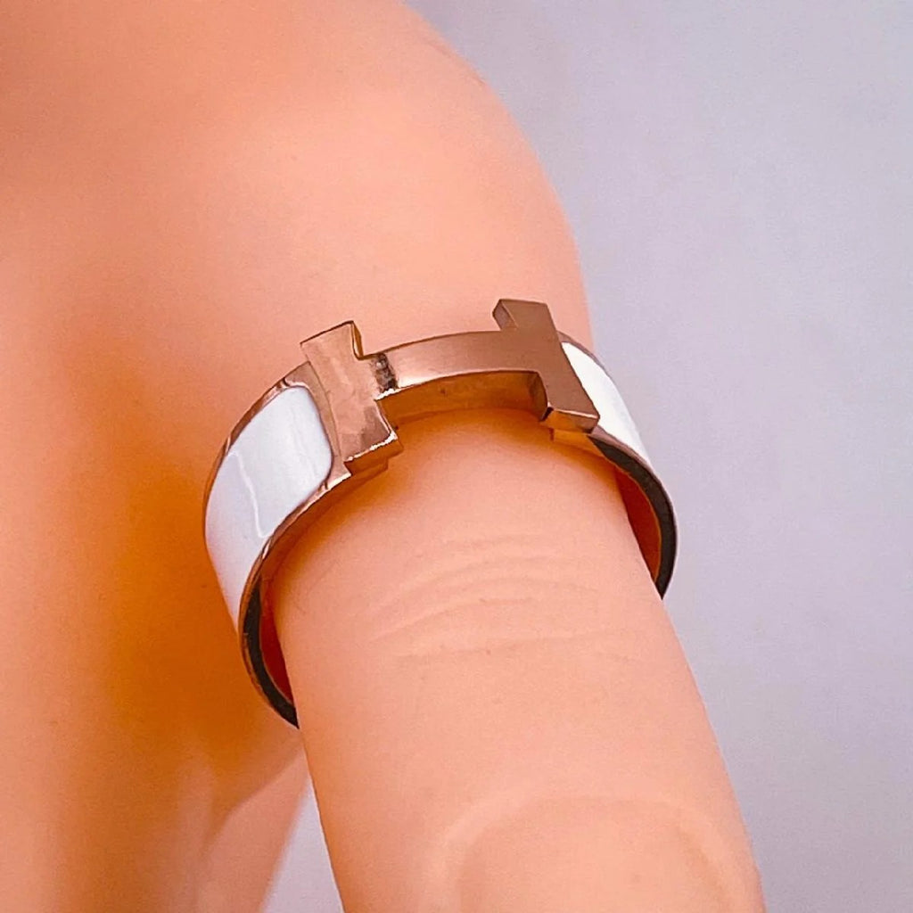 Premium Quality 18K Rose Gold and White Enamel Stainless Steel Band Ring For Women