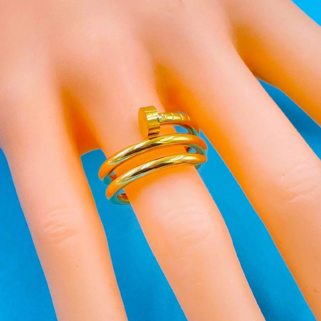 Stunning Stainless Steel Layered Nail 18K Gold Ring for Women, Embodying Elegance
