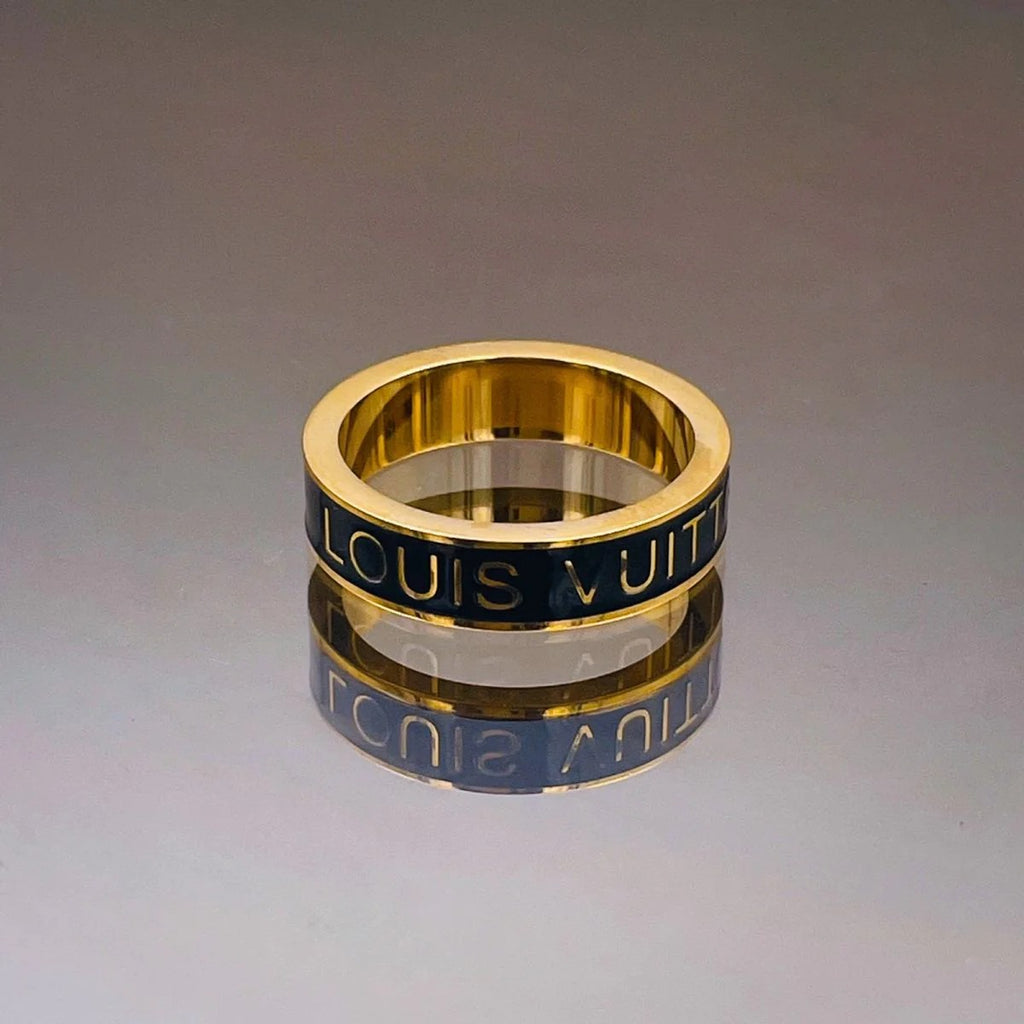 Elegant Black Enamel Clover Flower 18K Gold Stainless Steel Band Ring for Women
