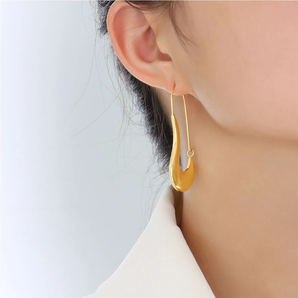 Trendy Geometric Stainless Steel Hoop Long Hanging Daily Wear Earrings for Women
