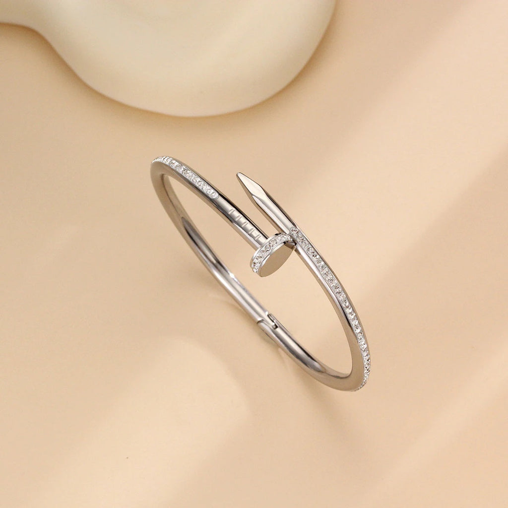 Stainless Steel Gold Plated Anti Tarnish AD Studded Nail Bracelet for Women