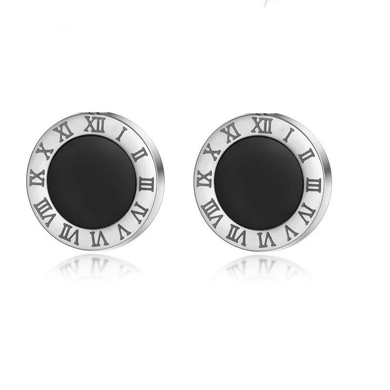 Korean Style Roman Numeral Stud Earrings for Women - Stainless Steel Round Black Shell Ear Studs with Rose Gold Silver Fashion Accents