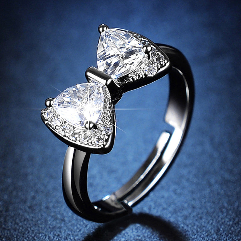 Crystal Studded Bow Tie-Inspired Anti-Tarnish Contemporary Adjustable Finger Ring for Women