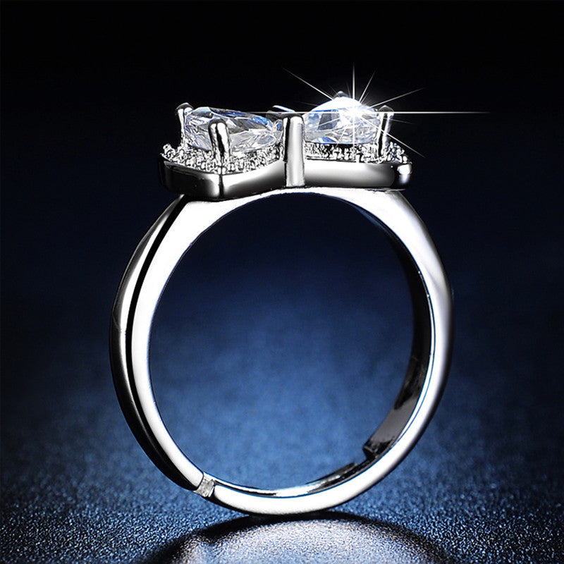Crystal Studded Bow Tie-Inspired Anti-Tarnish Contemporary Adjustable Finger Ring for Women