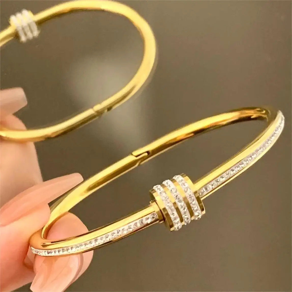 Gold-Plated American Diamond Studded Bangle Style Anti-Tarnish Bracelet for Women
