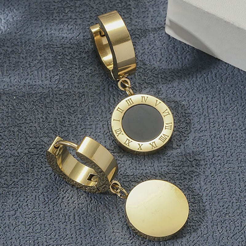 Roman Numeral Stainless Steel Women's Hoop Earrings in Rose Gold - Elegant Collier Femme Jewelry for Females
