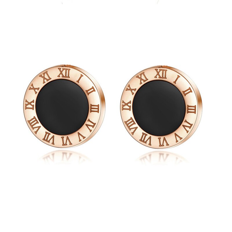 Korean Style Roman Numeral Stud Earrings for Women - Stainless Steel Round Black Shell Ear Studs with Rose Gold Silver Fashion Accents