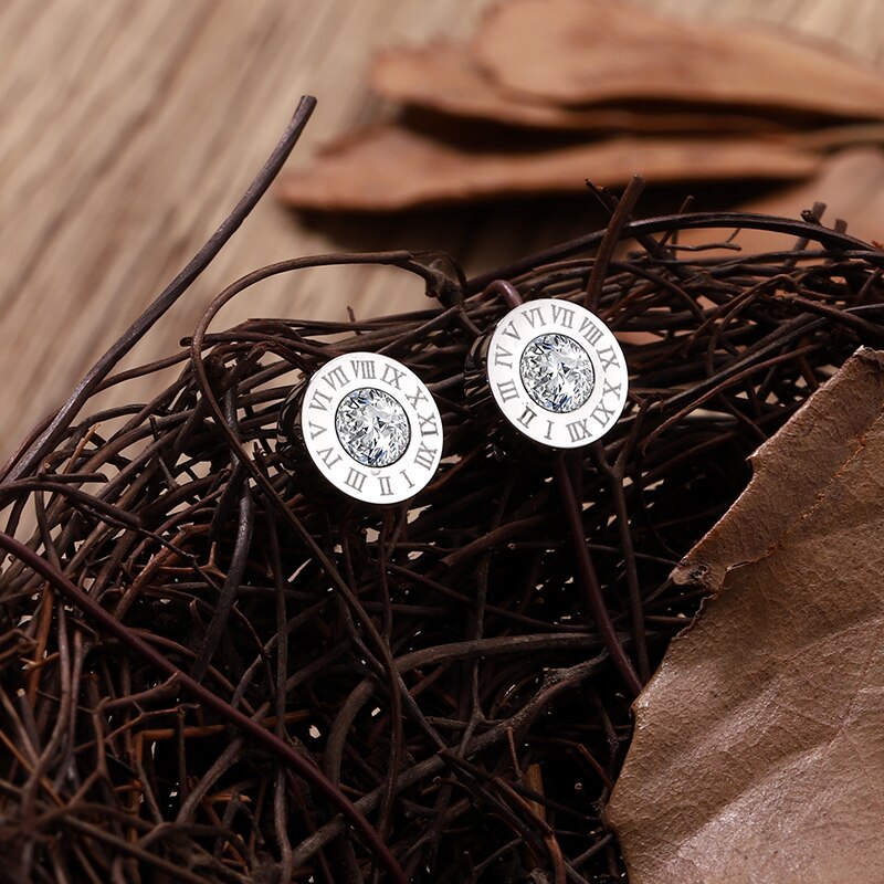 Stainless Steel Roman Numerals Stud Earrings with Cubic Zirconia Accents in Gold, Rose Gold, and Silver