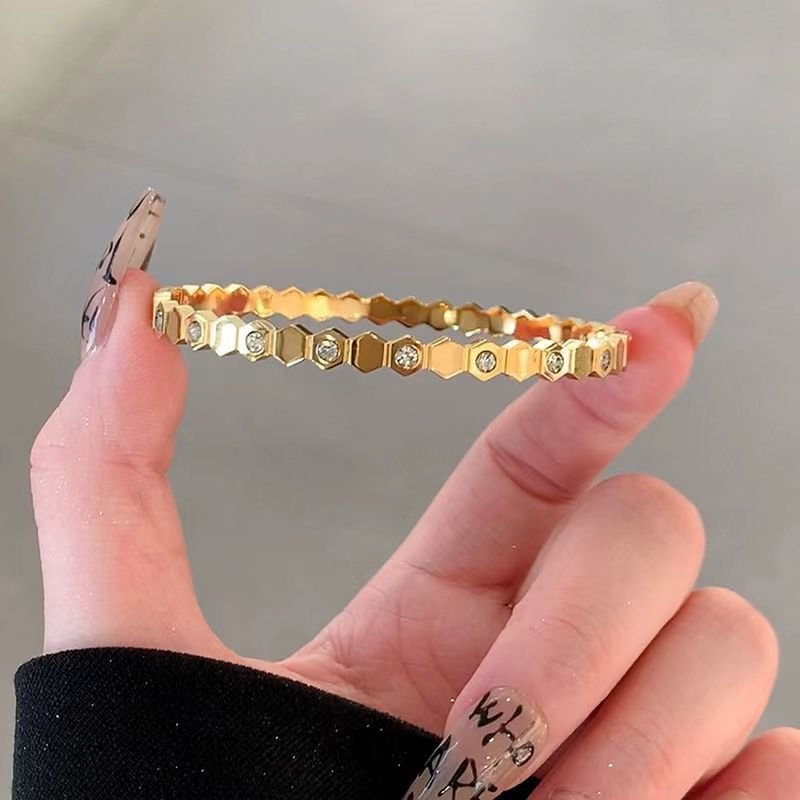 Gold-Plated AD Bangle-Style Hexagonal Anti-Tarnish Bracelet for Women