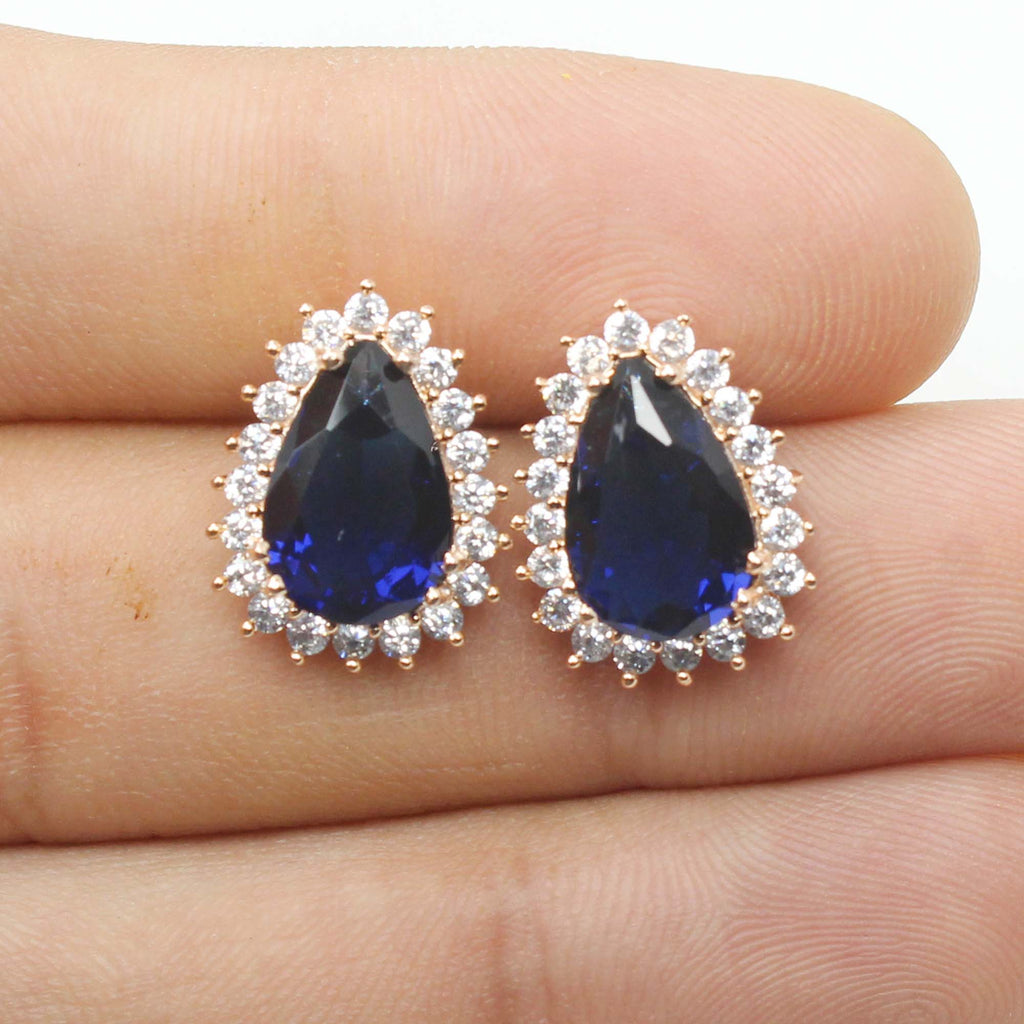 Fashion Rose Gold Plated Blue Diamond Crystal Glass Stone Pear Shape Vintage Earrings