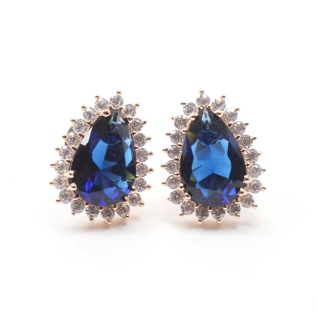 Fashion Rose Gold Plated Blue Diamond Crystal Glass Stone Pear Shape Vintage Earrings